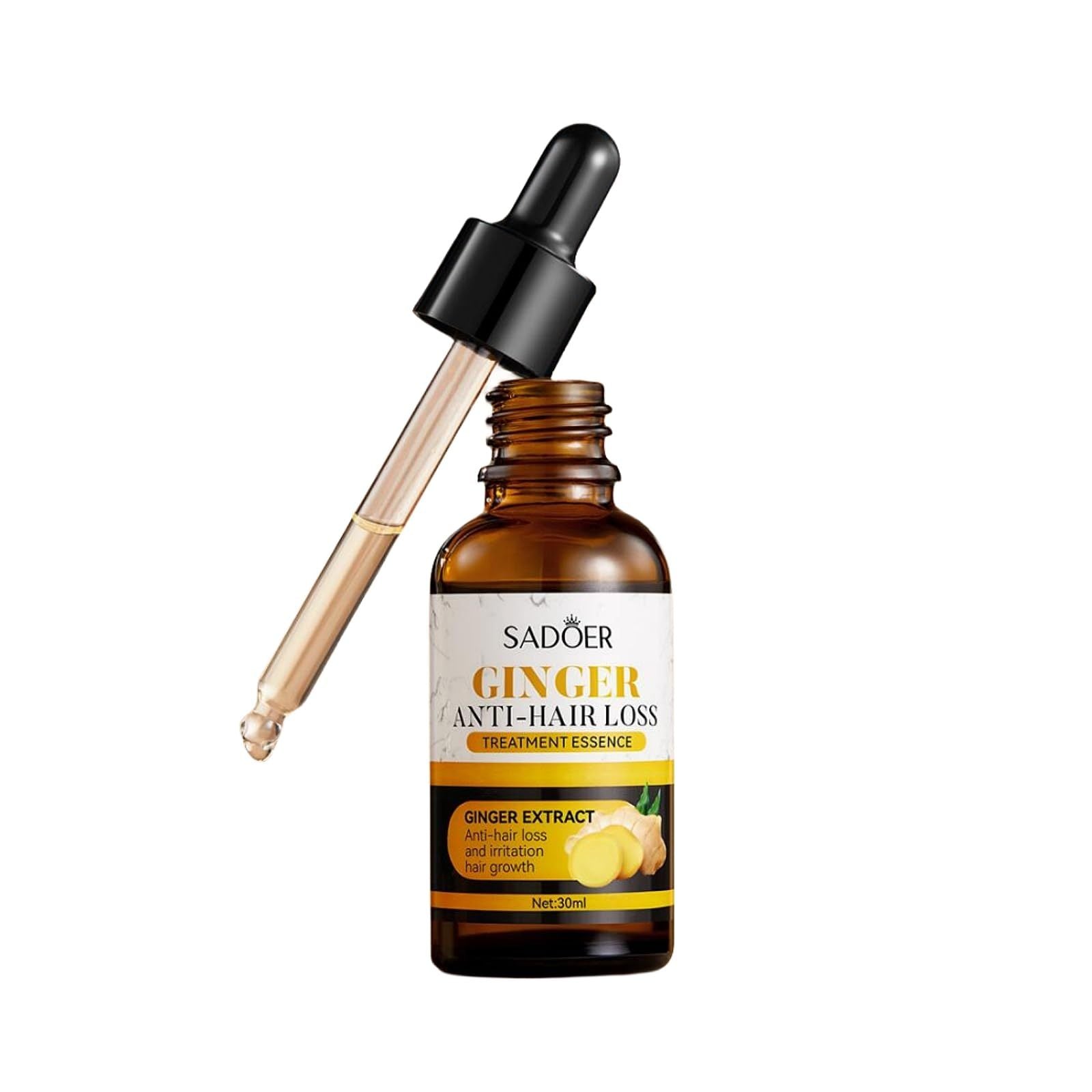 Sadoer ginger anti-hair loss treatment essence bottle with dropper on a white background