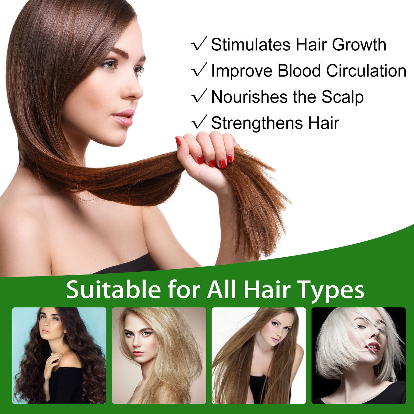 Woman with long brown hair holding a section, with text about hair benefits and suitability for all hair types.