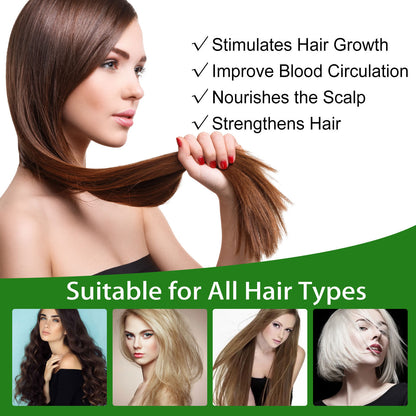 Woman with long brown hair holding a section, with text about hair benefits and suitability for all hair types.