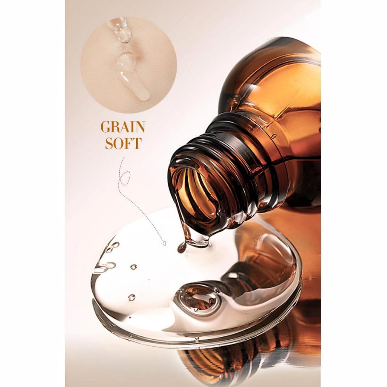 Brown bottle pouring liquid into a clear container with 'Grain Soft' text on a light background