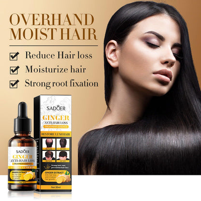 Sadoer Ginger Anti-Hair Loss product with a woman displaying healthy hair on a beige background