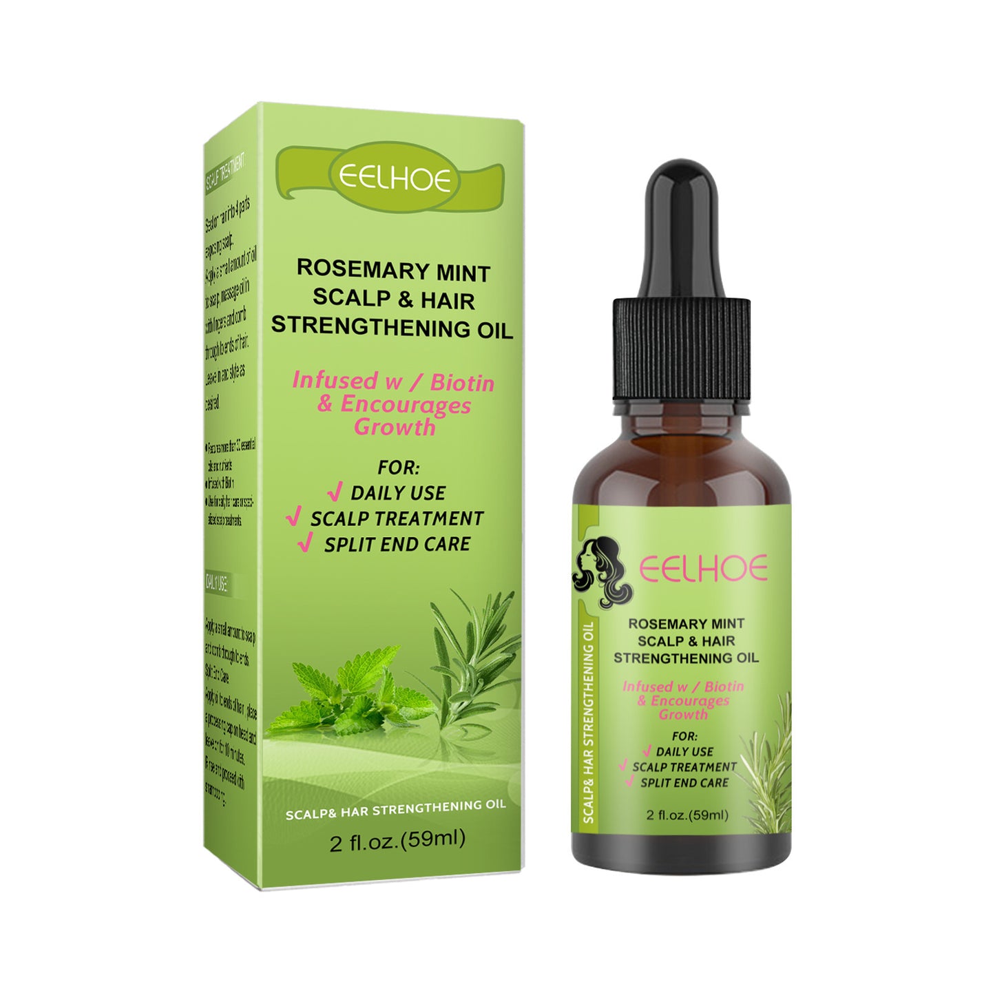 Eelhoe Rosemary Mint Scalp & Hair Strengthening Oil with packaging on a white background