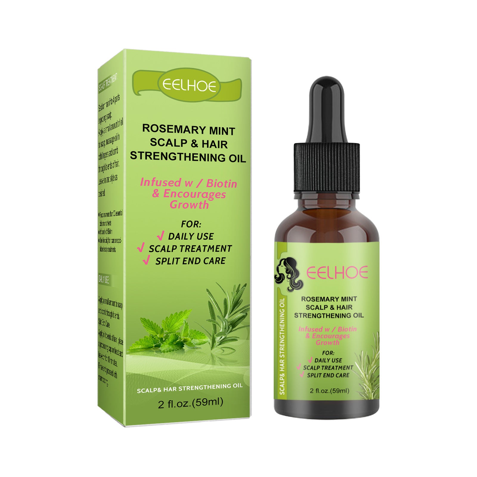 Eelhoe Rosemary Mint Scalp & Hair Strengthening Oil with packaging on a white background