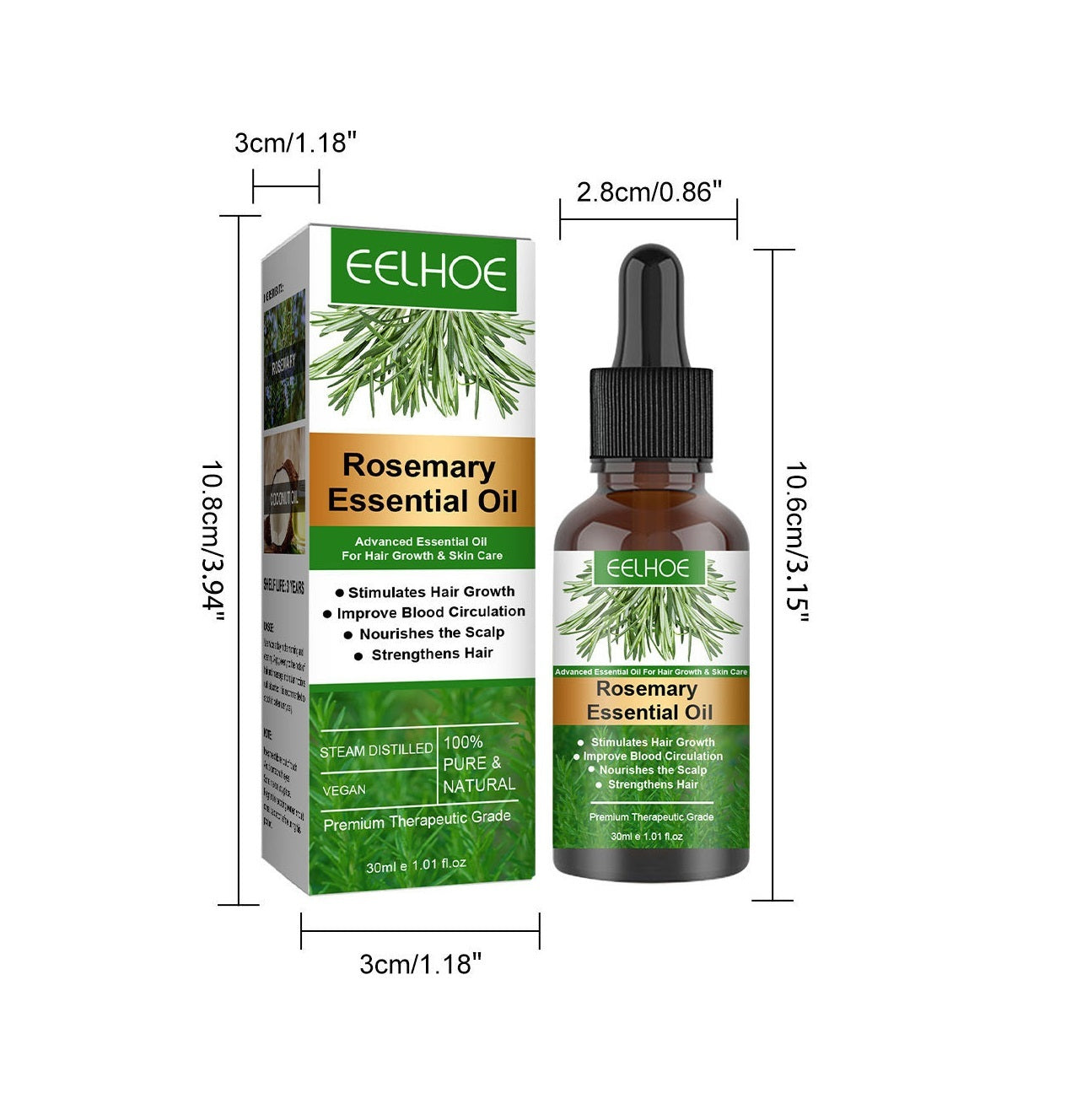 Rosemary essential oil bottle and packaging with dimensions on a white background