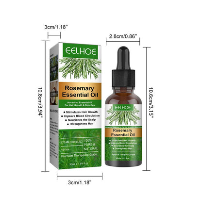 Rosemary essential oil bottle and packaging with dimensions on a white background