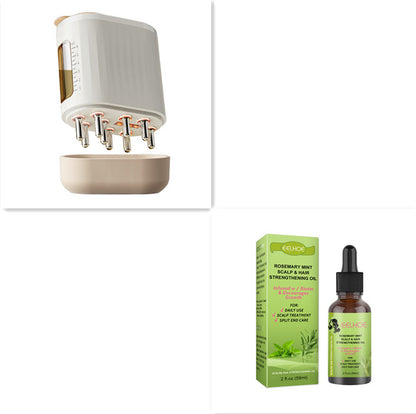 Hair care product set with a white device and two bottles on a white background