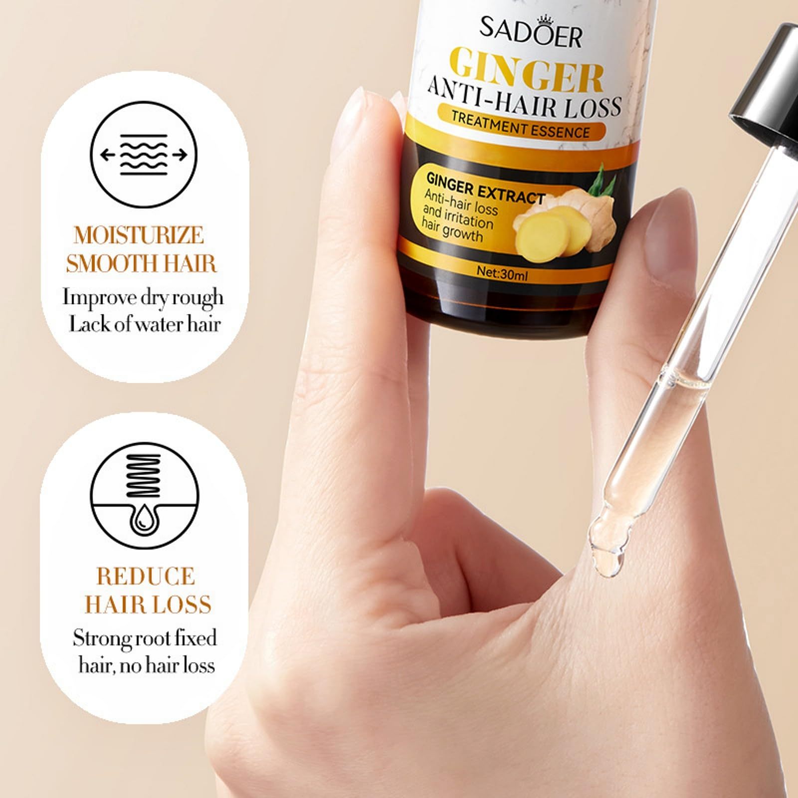 Sadoer Ginger Anti-Hair Loss Treatment Essence bottle with dropper on a beige background