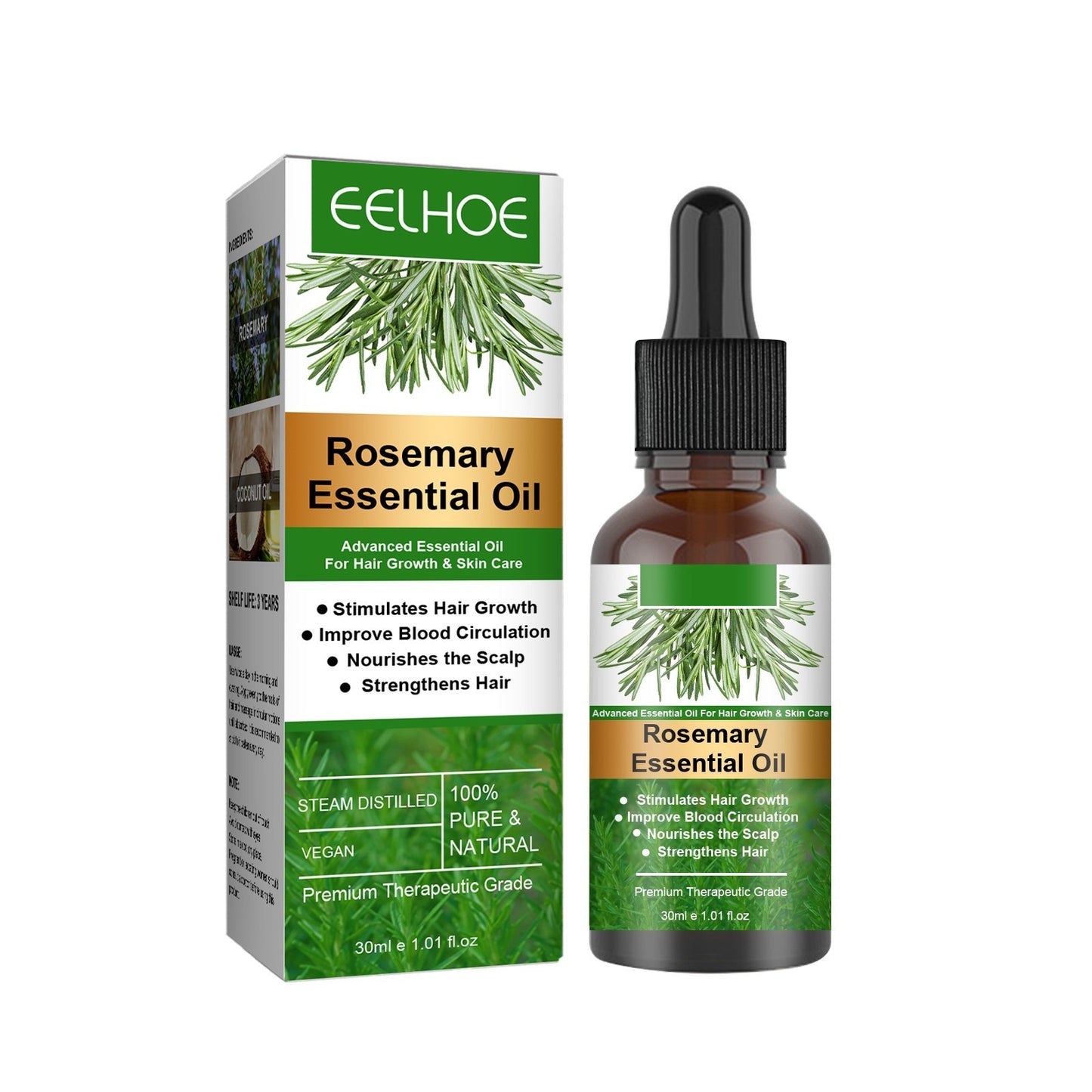 Rosemary essential oil bottle and packaging with EELHOE branding on a white background