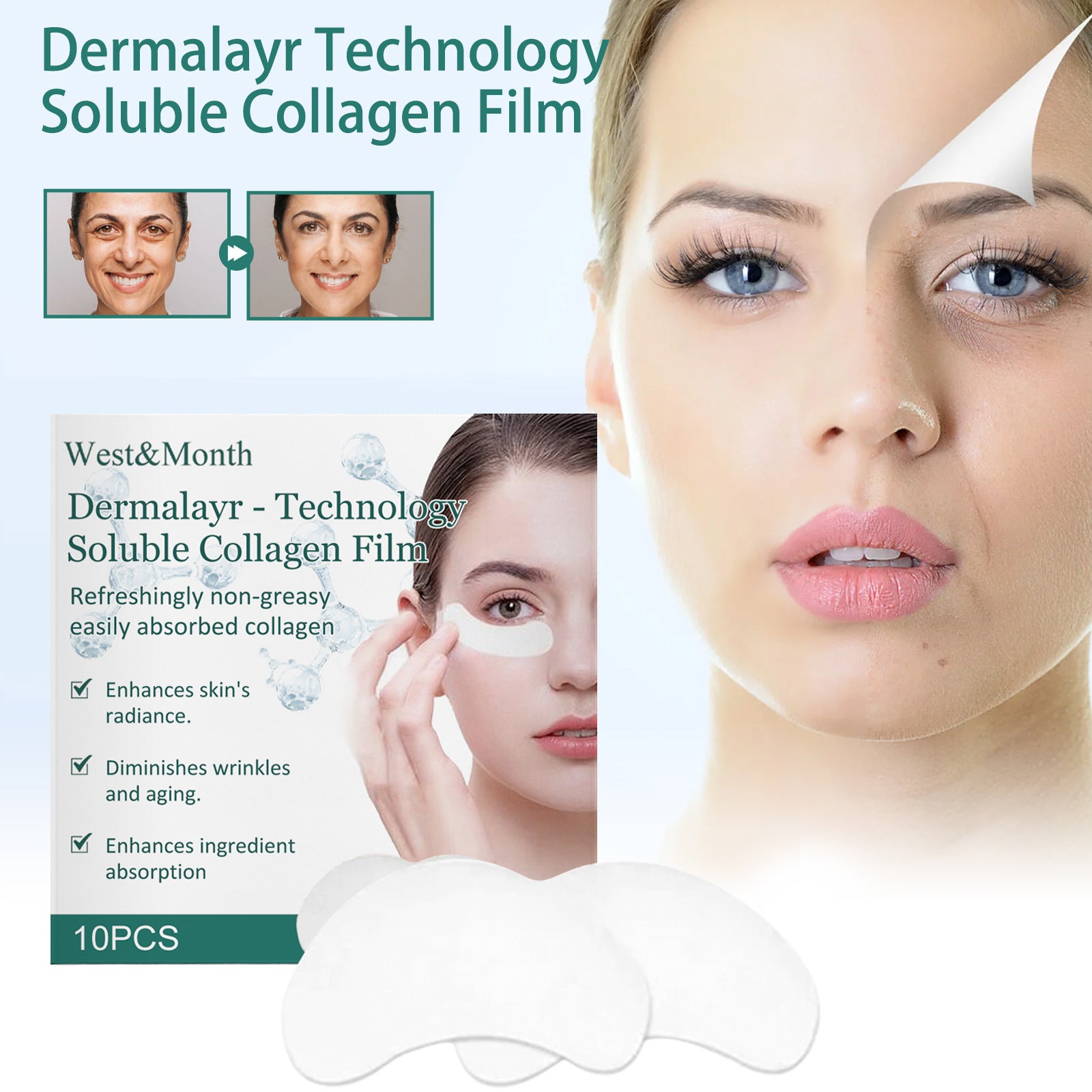 Advertisement for Dermalay Technology Soluble Collagen Film with a woman applying the film to her face.