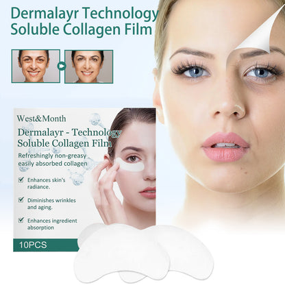 Advertisement for Dermalay Technology Soluble Collagen Film with a woman applying the film to her face.